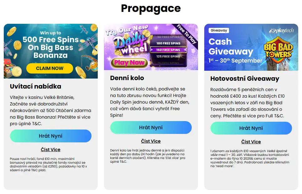 Přehled aktuálních promo akcí Great Britain Casino na stránce s nabídkami